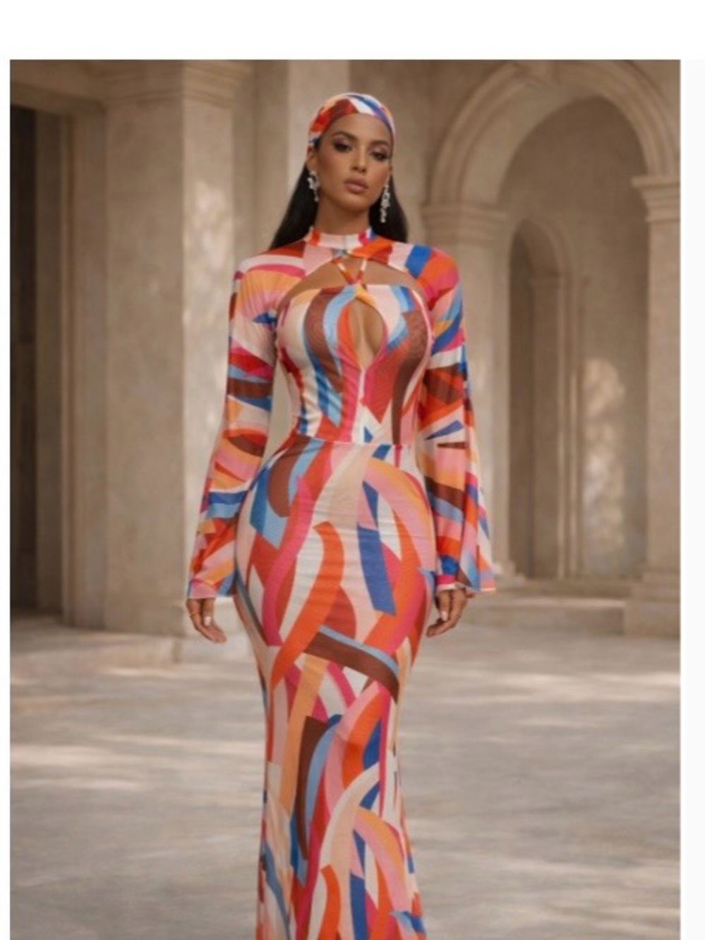 Abstract Multi-Color Cutout Maxi Dress W/ Matching Scarf